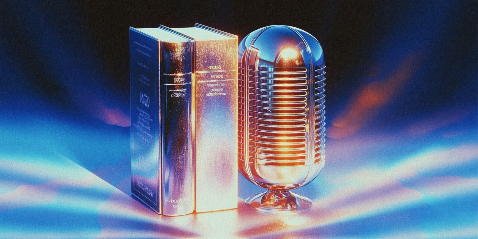 An author turning their book into an audiobook using AI voice technology without a microphone, showing a laptop screen with audio waves and text narration.