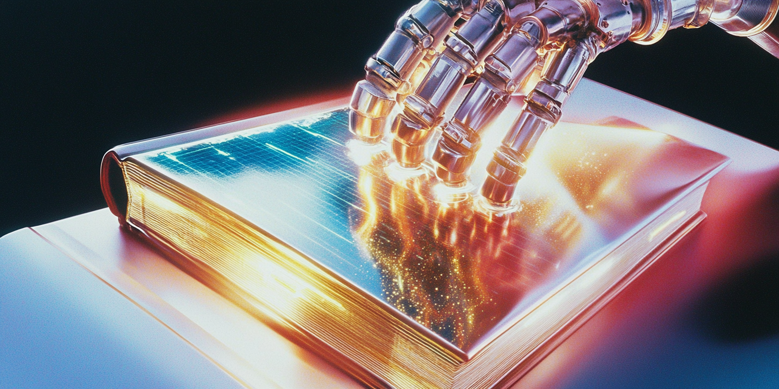 Professional AI narrator speaking into a studio microphone while a manuscript transforms into multilingual long form audio waves.