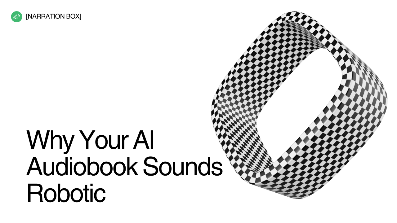 AI audiobook waveform transitioning from robotic flat tone to expressive human like AI narration with chapter level control.